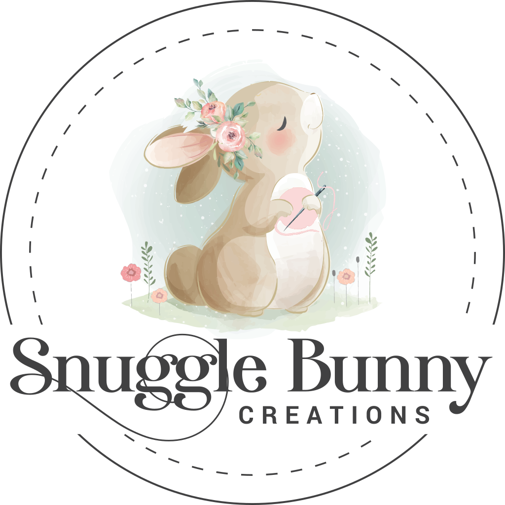 Picture of bunny with hemstitching needle, thread. Logo for snuggle bunny creations